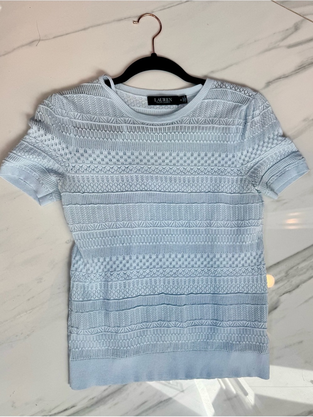 Lauren Ralph Lauren Pale Blue Eyelet Knit Short Sleeve Top, Medium